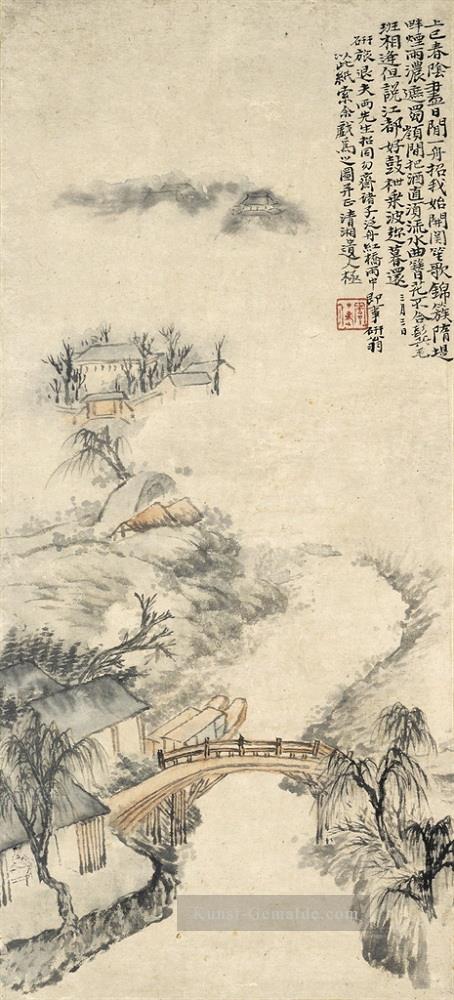 Shitao Flussufer im Regen Chinesische Malerei Ölgemälde